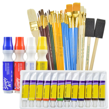 Art supplies value pack includes 12 acrylic paints 25 paint brushes and 4 window markers
