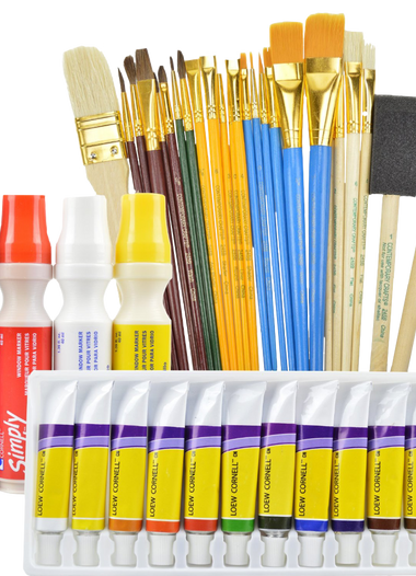Art supplies value pack includes 12 acrylic paints 25 paint brushes and 4 window markers