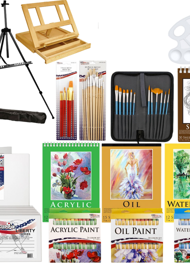 Deluxe artist painting set with aluminum floor easel wood drawer table easel